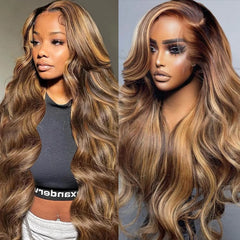 Enaiiby 26 Inch Highlight 13x6 HD Lace Front Wigs Human Hair P4/27 Honey Blonde Lace Frontal Wig 180% Density Ombre Body Wave Wig Pre Plucked with Baby Hair Honey Blonde Wig Human Hair 13x6