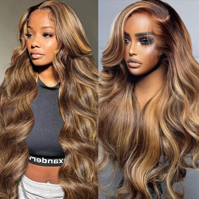 Enaiiby 26 Inch Highlight 13x6 HD Lace Front Wigs Human Hair P4/27 Honey Blonde Lace Frontal Wig 180% Density Ombre Body Wave Wig Pre Plucked with Baby Hair Honey Blonde Wig Human Hair 13x6