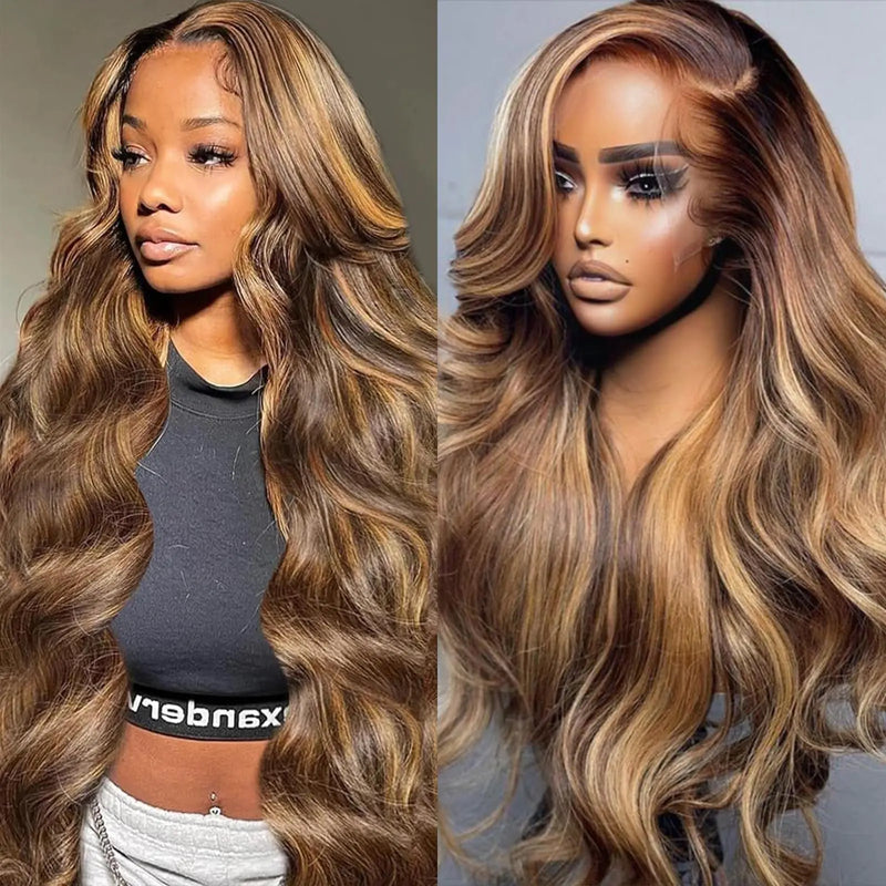 Enaiiby 26 Inch Highlight 13x6 HD Lace Front Wigs Human Hair P4/27 Honey Blonde Lace Frontal Wig 180% Density Ombre Body Wave Wig Pre Plucked with Baby Hair Honey Blonde Wig Human Hair 13x6