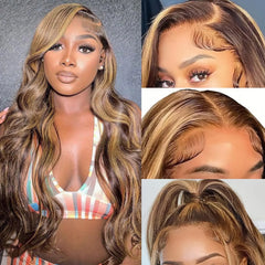 Honey Blonde Ombre Lace Front Wig Human Hair Highlight Body Wave 13X6 Lace Front Wigs Human Hair Pre Plucked HD Frontal 180 Density Glueless 4/27 Highlighted Human Hair Wig 24 Inch
